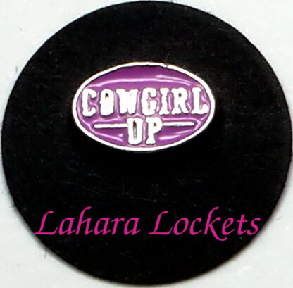 This floating charm is a purple oval with cowgirl up written in silver. Compatible with all memory lockets.