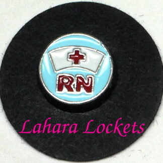 This floating charm is a blue circle with a picture of a white, RN hat with red cross and below it it says RN in red letters.