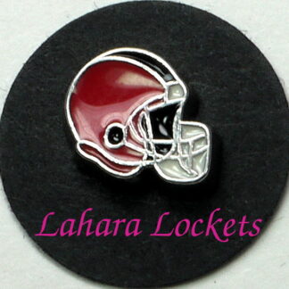 This floating charm is a red football helmet with a black stripe on the top.