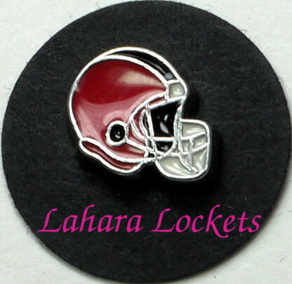 This floating charm is a red football helmet with a black stripe on the top.