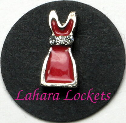 This floating charm is a red dress with clear gems at the waist.