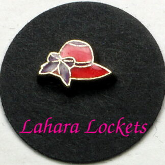 This floating charm is a red hat with purple bow and ribbon.