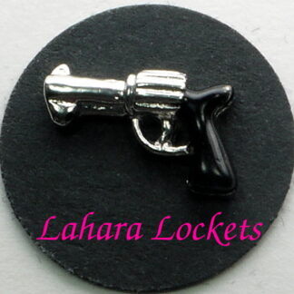 This floating charm is a silver revolver with a black handle.