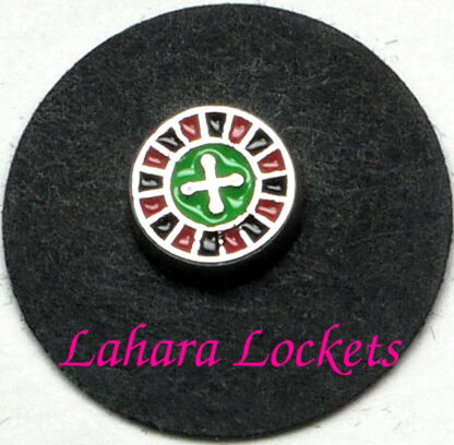 This floating charm is a round, roulette wheel with black and red on the outside and green on the inside of the circle.