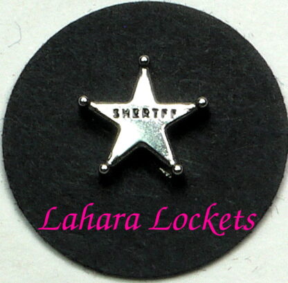This floating charm is a silver star that says sheriff in black.