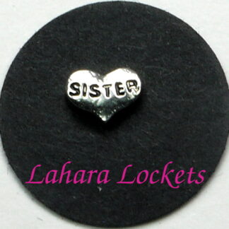 This floating charm is a silver heart that says sister in black letters.