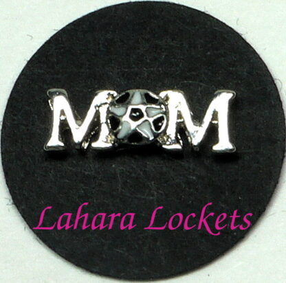 This floating charm says soccer mom with a soccer ball as the o in mom.