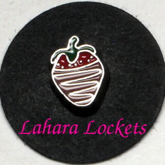 This floating charm is a red starwberry with green top dipped in brown chocolate.