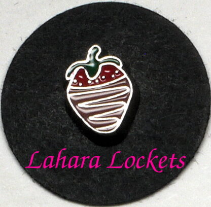This floating charm is a red starwberry with green top dipped in brown chocolate.
