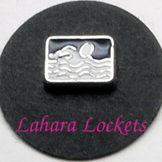 This floating charm is a rectane with a blue background and a white swimmer in white water.