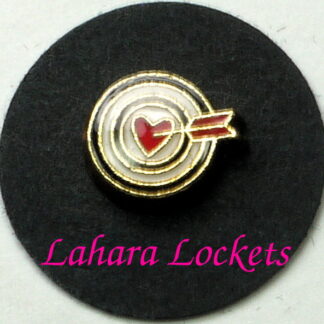 This floating charm is a white target with red heart heart bullseye and an arrow through the bullseye.