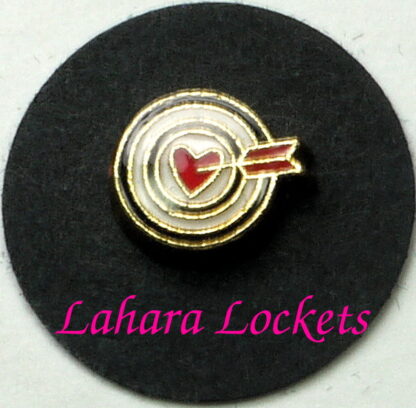 This floating charm is a white target with red heart heart bullseye and an arrow through the bullseye.