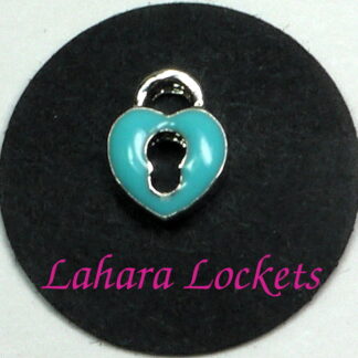 This floating charm is a silver and teal lock.