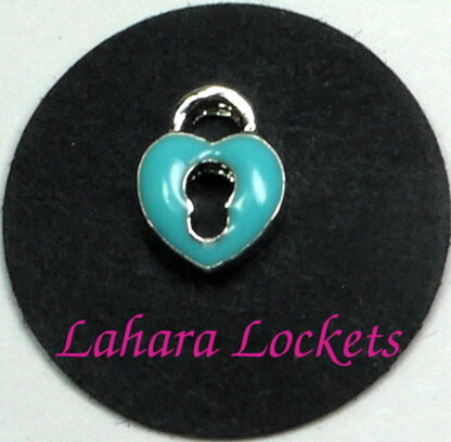 This floating charm is a silver and teal lock.