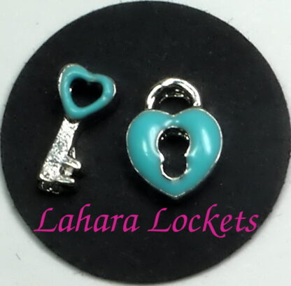 These floating charms are a silver and teal lock and key.
