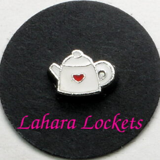 This floating charm is a white teapot with red heart accent.