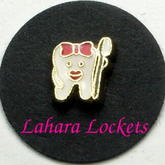 This floating charm is a white tooth with a red bow holding a white toothbrush.