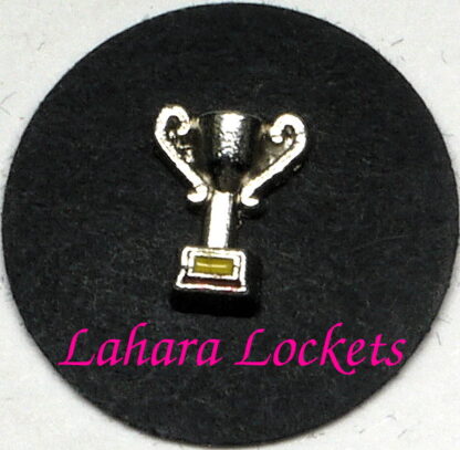 This floating charm is a silver trophy with blank yellow plaque.