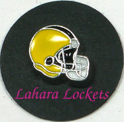 This floating charm is a yellow football helmet with black stripe on the top.