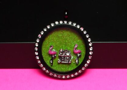 Large round memory locket with two flamingos and house floating charms
