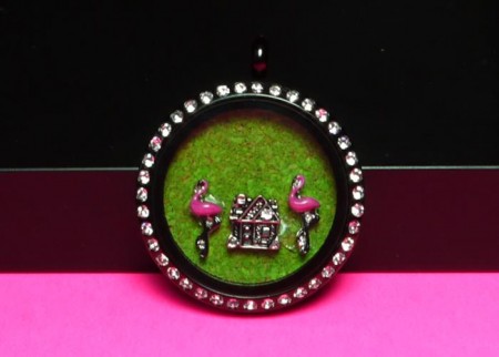 Large round memory locket with two flamingos and house floating charms
